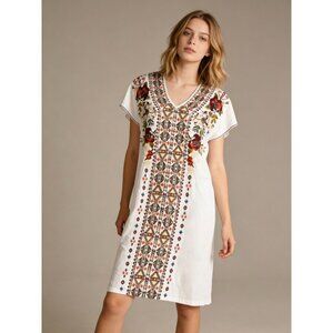 NWOT Johnny Was Embroidered Cotton V-Neck Bohemia Midi Dress White Size S